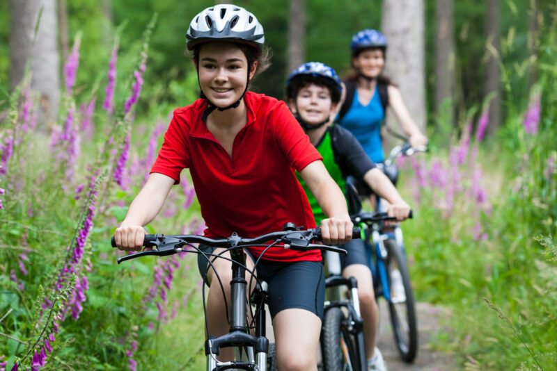 Active family riding bikes